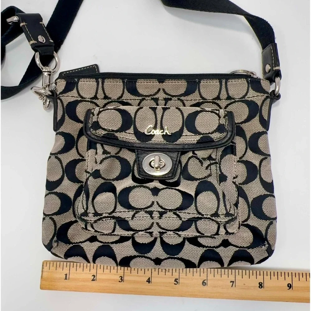 Coach Signature C Canvas Turnlock Flap Crossbody Bag Black Gray Jacquard Y2K